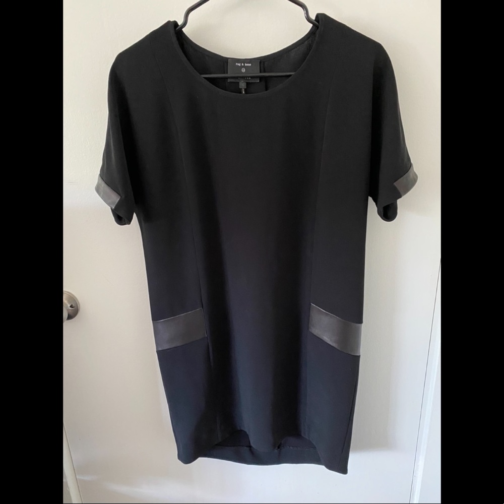 Rag & Bone Black Leather Trim Short Sleeve Mini Dress
